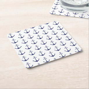 Nautical anchor navy blue white pattern party square paper coaster
