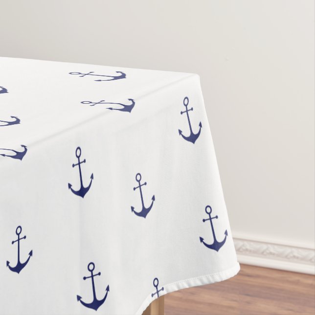 Nautical anchor navy blue & white pattern seaside tablecloth (In Situ)