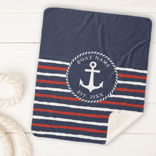 Nautical Anchor Navy Blue White Red Boat Name Sherpa Blanket