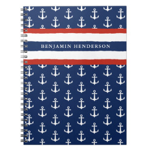 Nautical Anchor Navy Blue White Red Custom Name Notebook
