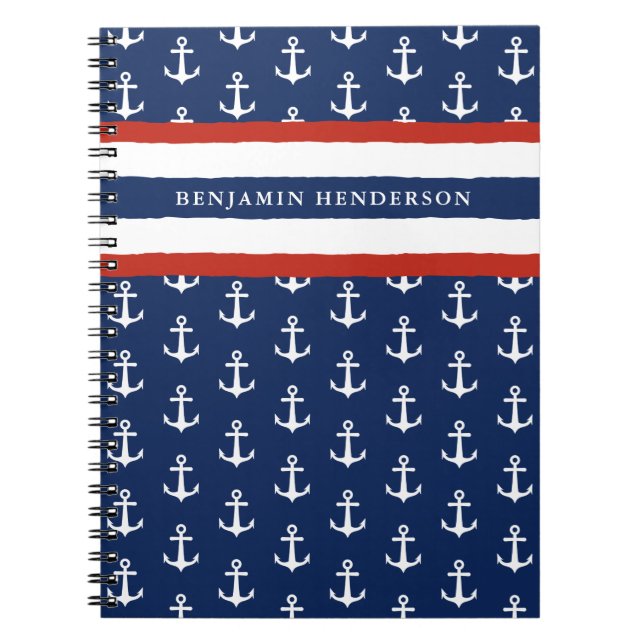 Nautical Anchor Navy Blue White Red Custom Name Notebook (Front)