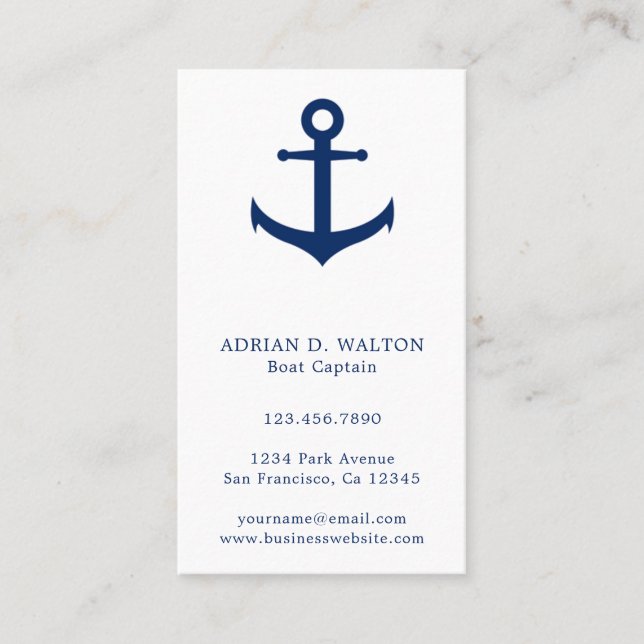 Nautical Anchor Navy Blue White Simple Business Card (Front)