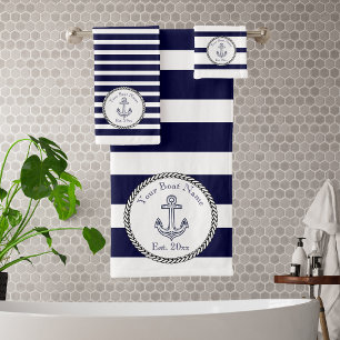 Nautical Anchor Navy Blue White stripes  Bath  Bat Towel Set