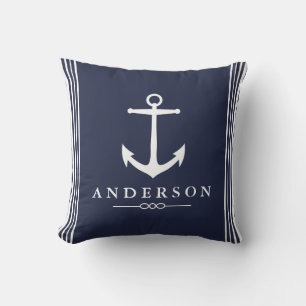 Nautical Anchor Navy Blue & White Stripes Cushion