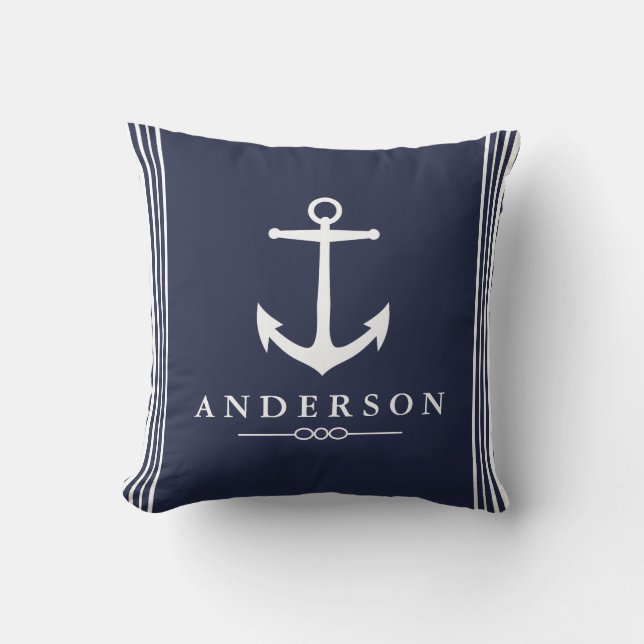 Nautical Anchor Navy Blue & White Stripes Cushion (Front)