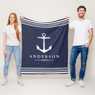 Nautical Anchor Navy Blue & White Stripes Fleece Blanket