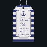 Nautical Anchor Navy Bridal Shower Thank You Gift Tags<br><div class="desc">The perfect touch to your nautical themed gifts for your the bridal shower guests is this thank you tag. It features a detailed navy blue anchor with rope and a blue and white striped background. Personalise with the name of the bride to be.</div>