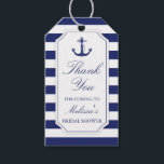 Nautical Anchor Navy Bridal Shower Thank You Gift Tags<br><div class="desc">The perfect touch to your nautical themed gifts for your the bridal shower guests is this thank you tag. It features a detailed navy blue anchor with rope and a blue and white striped background. Personalise with the name of the bride to be.</div>