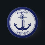 Nautical Anchor Navy Captain Personalised 6 Cm Round Badge<br><div class="desc">This nautical design has a navy blue anchor with a circular rope border and navy blue around the edge.   Navy blue text above the anchor reads "Captain".  Text below is a name for you to personalise.</div>