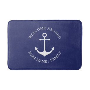 Nautical anchor navy Custom name Welcome Aboard Bath Mat