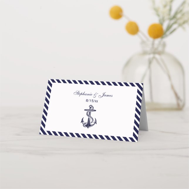 Nautical Anchor Navy Diag Stripe 2 Escort Cards (Front)