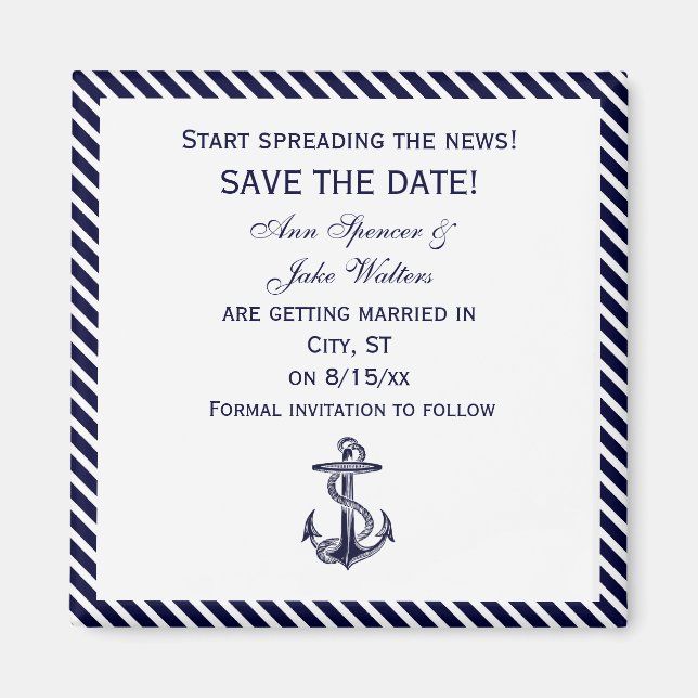 Nautical Anchor Navy Diag Stripe 2 Save the Date Magnet (Front)