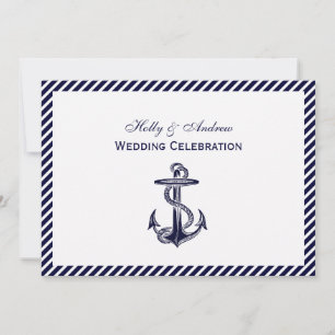 Nautical Anchor Navy Diag Stripe 2H Wedding Invitation