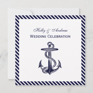 Nautical Anchor Navy Diag Stripe 2SQ Wedding Invitation
