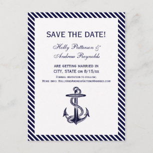 Nautical Anchor Navy Diag Stripe 2V Save the Date Announcement Postcard