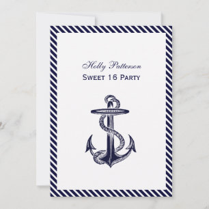 Nautical Anchor Navy Diag Stripe 2V Sweet 16 Invitation