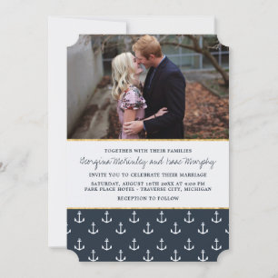 Nautical Anchor Navy & Gold Photo Wedding Invitation