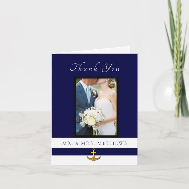 Nautical Anchor Navy Gold Wedding Photo Thank You (Front)