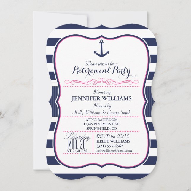 Nautical Anchor; Navy & Pink Retirement Party Invitation (Front)