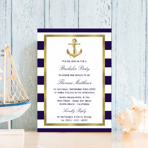 Nautical Anchor Navy Stripe Beach Bachelor Party Invitation
