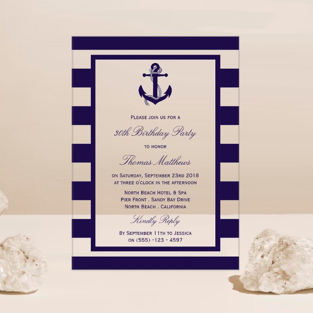 Nautical Anchor Navy Stripe Beach Birthday Party Acrylic Invitations (Creator Uploaded)