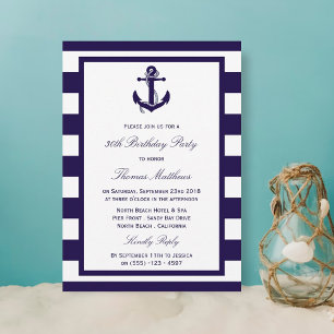 Nautical Anchor Navy Stripe Beach Birthday Party Invitation