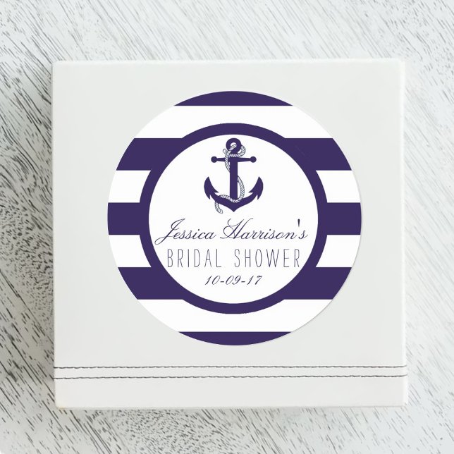 Nautical Anchor Navy Stripe Bridal Shower Favour Classic Round Sticker (Creator Uploaded)