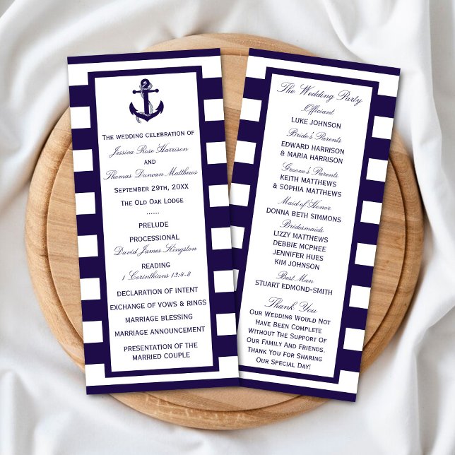 Nautical Anchor Navy Stripe Wedding Program Rack Card (Creator Uploaded)