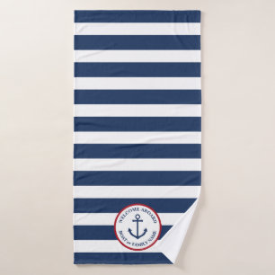 Nautical anchor navy striped personalised towel