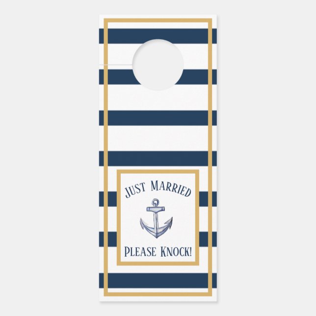 Nautical Anchor Navy Stripes Just Married Door Hanger (Front)