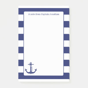 Nautical Anchor Navy Stripes Personalised 4 x 6 Post-it Notes