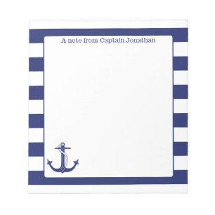 Nautical Anchor Navy Stripes Personalised 5.5 x 6 Notepad