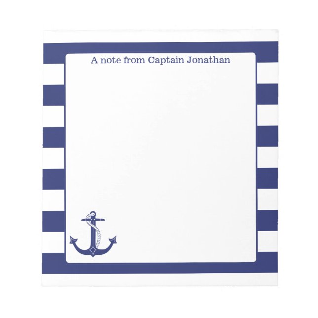 Nautical Anchor Navy Stripes Personalised 5.5 x 6 Notepad (Front)