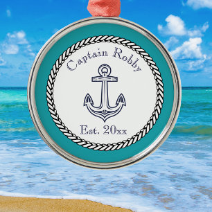 Nautical Anchor Navy Teal Blue White Metal Ornament