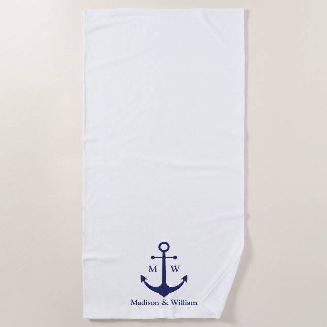 Nautical anchor navy white custom monogram & names beach towel (Front)