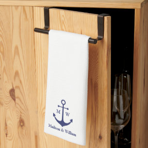 Nautical anchor navy white custom monogram & names tea towel