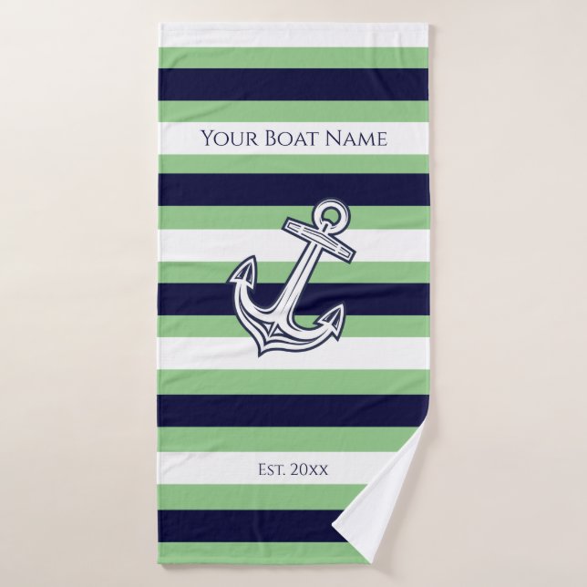Nautical Anchor Navy White Green Stripe Bath Towel (Bath Towel)