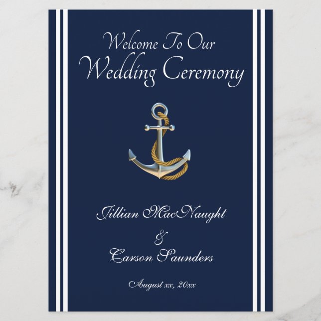 Nautical Anchor - Navy & White Wedding Service Program (Front)