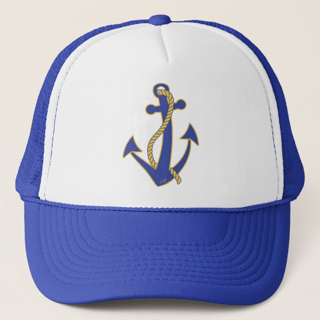Nautical Anchor Navy with Gold Rope Trucker Hat (Front)