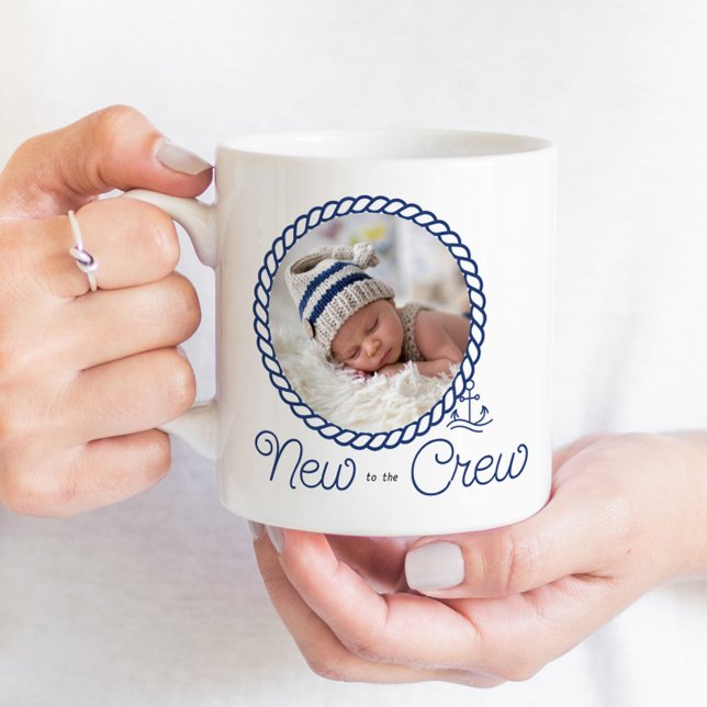 Nautical Anchor New to the Crew Birth Announcement Coffee Mug (New to the Crew nautical birth announcement mug in blue and white with captain's wheel and rope)