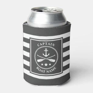 Nautical Anchor Oar Captain Boat Name Gray Stripe Can Cooler