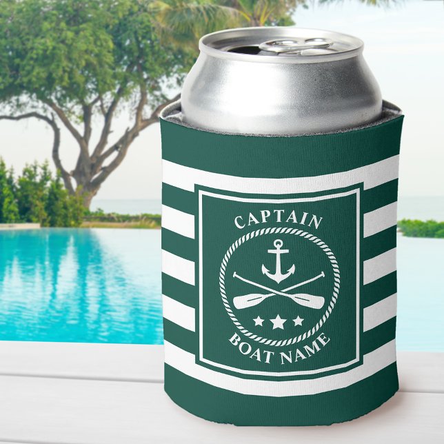 Nautical Anchor Oar Captain Boat Name Green Stripe Can Cooler (Creator Uploaded)