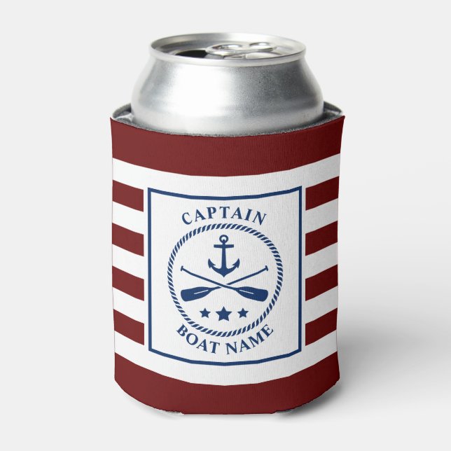 Nautical Anchor Oars Captain Boat Name Striped Can Cooler (Can Front)