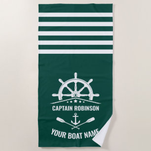 Nautical Anchor & Oars Captain or Boat Name Green Beach Towel