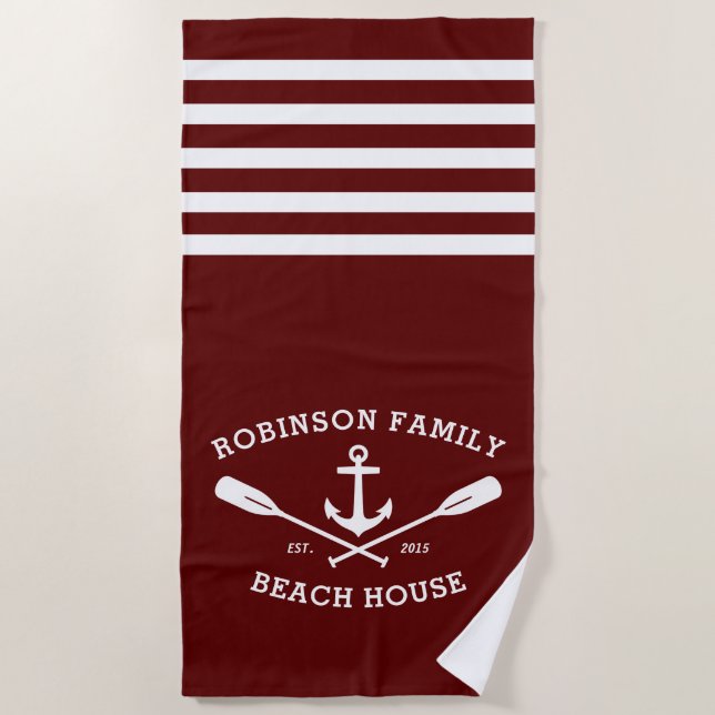 Nautical Anchor Oars Family Name Lake Beach House Beach Towel (Front)