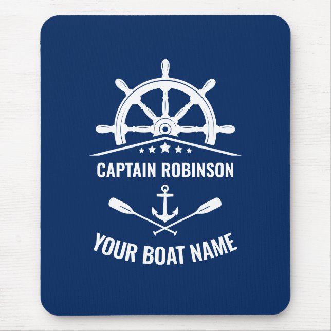 Nautical Anchor Oars Helm Captain & Boat Name Navy Mouse Pad (Front)