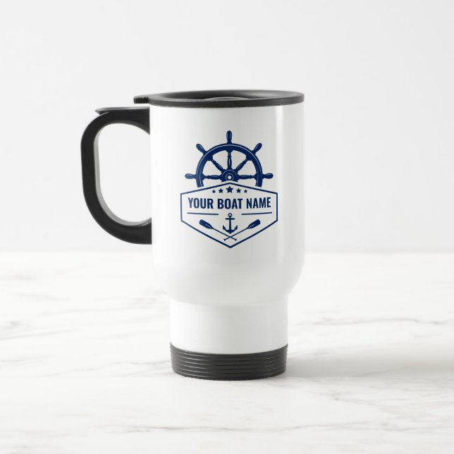 Nautical Anchor Oars & Helm with Your Boat Name Travel Mug (Left)