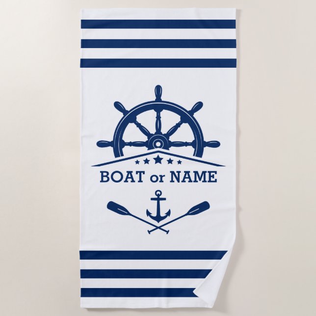 Nautical Anchor Oars Helm Your Name Navy on White Beach Towel (Front)