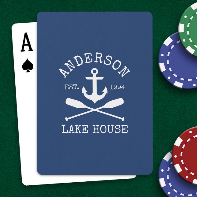 Nautical Anchor Oars Navy Blue Family Lake House Playing Cards (Customize to change background color.)