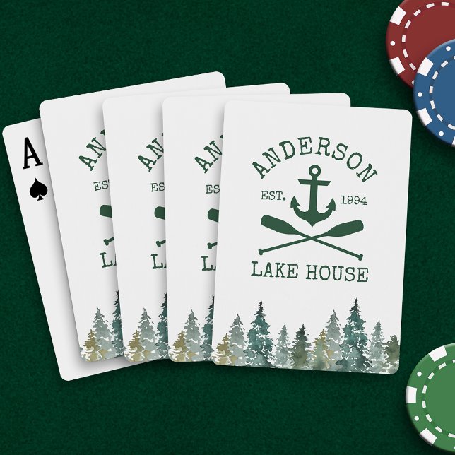 Nautical Anchor Oars Pines Family Lake House Playing Cards (Customize to change text size, color or style.)